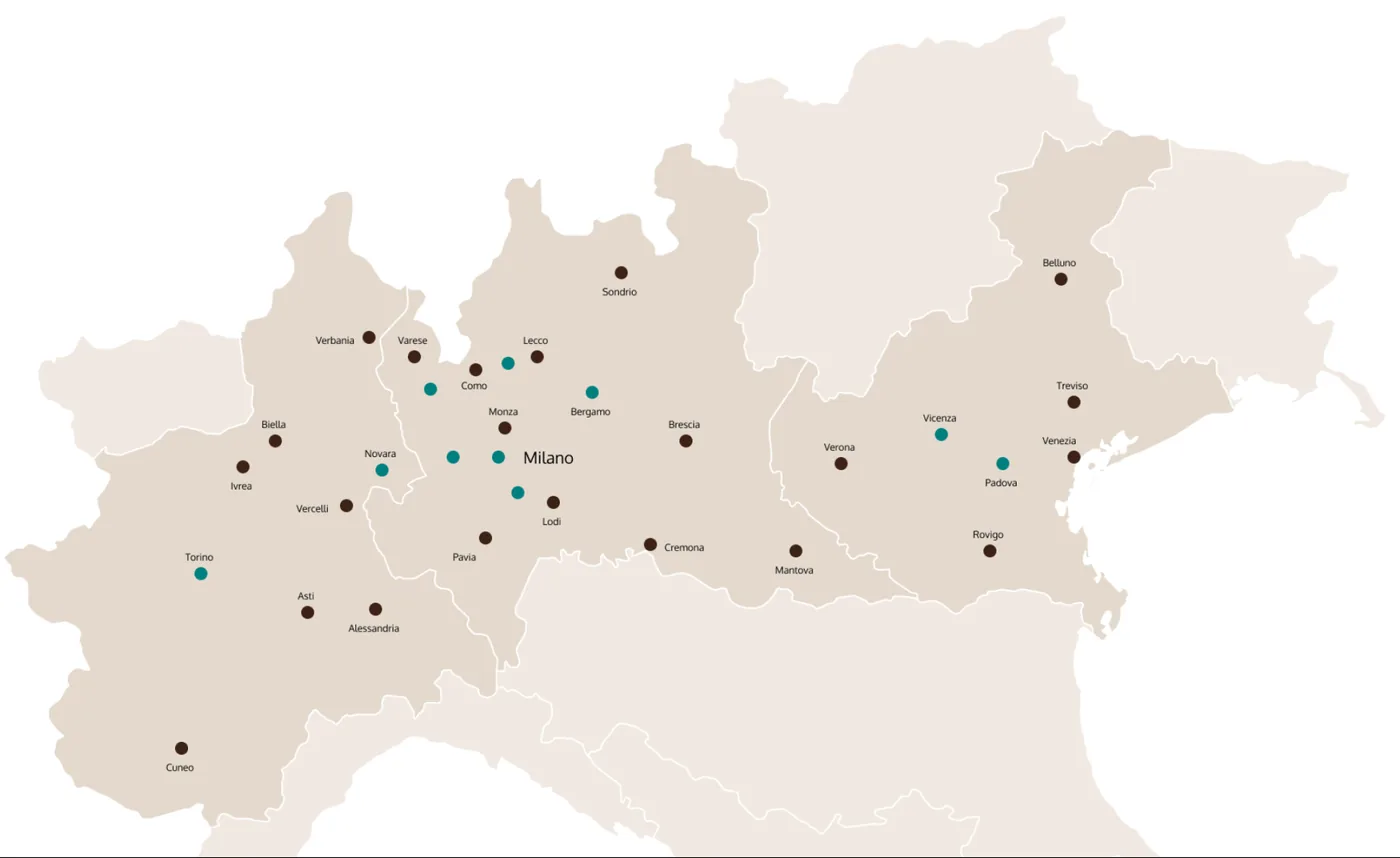 Map of Piedmont, Lombardy and Veneto marking the Biosiness production network around Milano